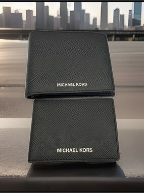 Michael Kors Black Saffiano Leather Men's Bi-Fold Wallet with Gold Logo